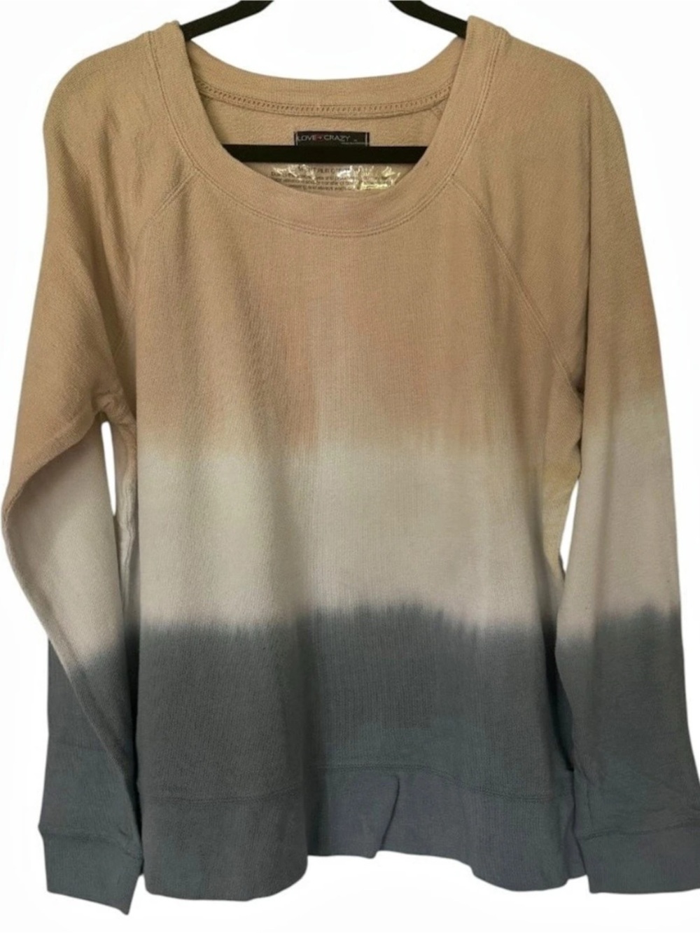 Love Crazy Tri-Color Dip Dye Ombre Sweatshirt Tan Ivory Slate Gray